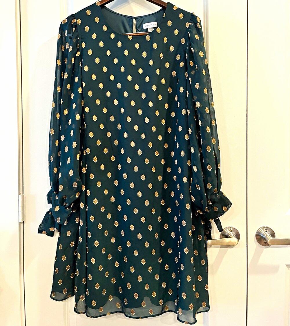 Calvin Klein Green Gold Geometric Chiffon Shift Dress Balloon Sleeve L 0021